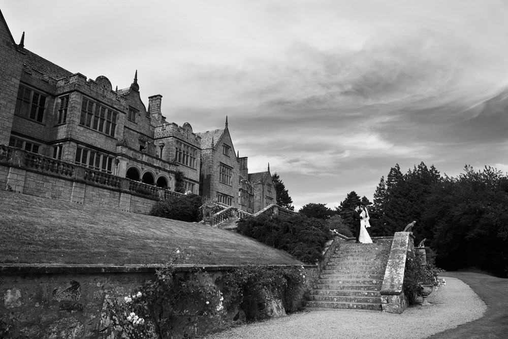 black and white portrait of bride and groom and bovey castle