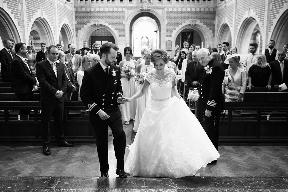 Dartmouth Navy Wedding with Bride and Groom inside the College