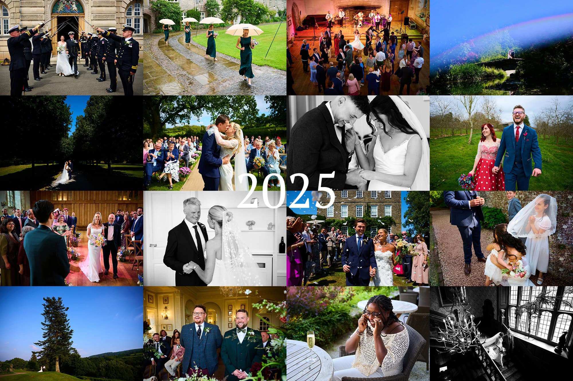 best wedding photography in Devon- highlights from Will Dolphin from 2025- a collage showing 16 photos, followed by a blog post with over 100 of his favourites from the past year